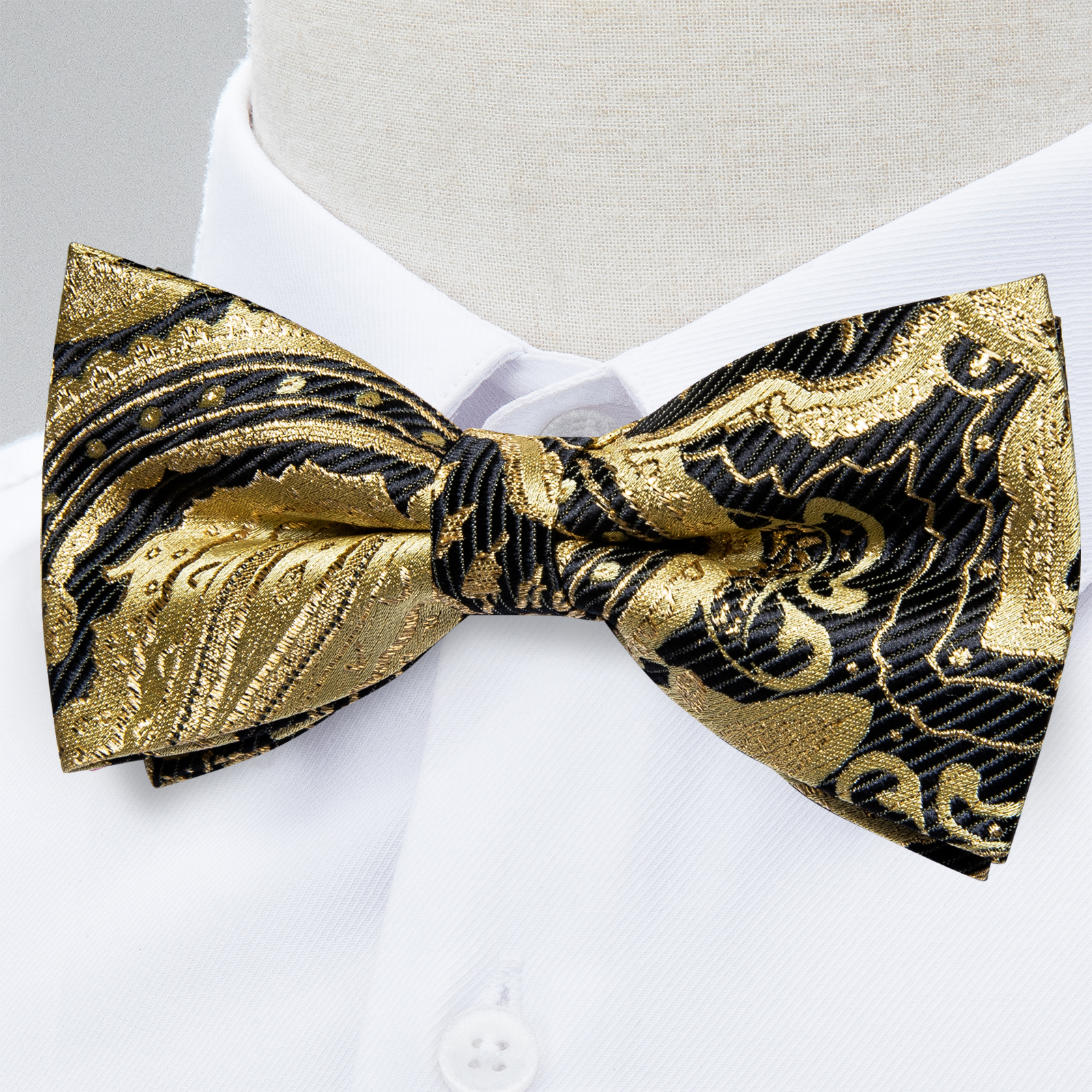 Men's Silk Bow Tie 3 PCS Set Silk Black Gold Floral Pre-tied Bow Tie Cufflinks Pocket Square Set for Wedding Party Man Cravate