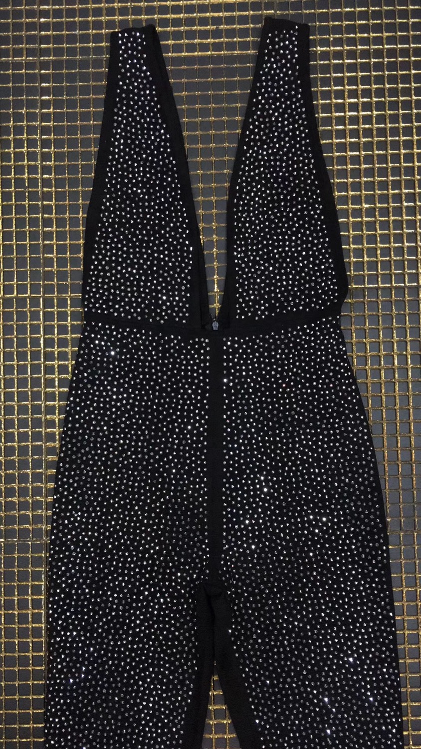 Black Elegant Sequin Jumpsuit Women Sleeveless Office Overalls Female Sexy Deep V-Neck Party Club Bandage Jumpsuits