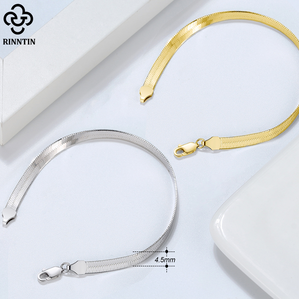 Rinntin 18K Gold Plated 925 Sterling Silver Italian 4.5mm Flexible Flat Herringbone Chain Bracelet for Women Men Jewelry SB107