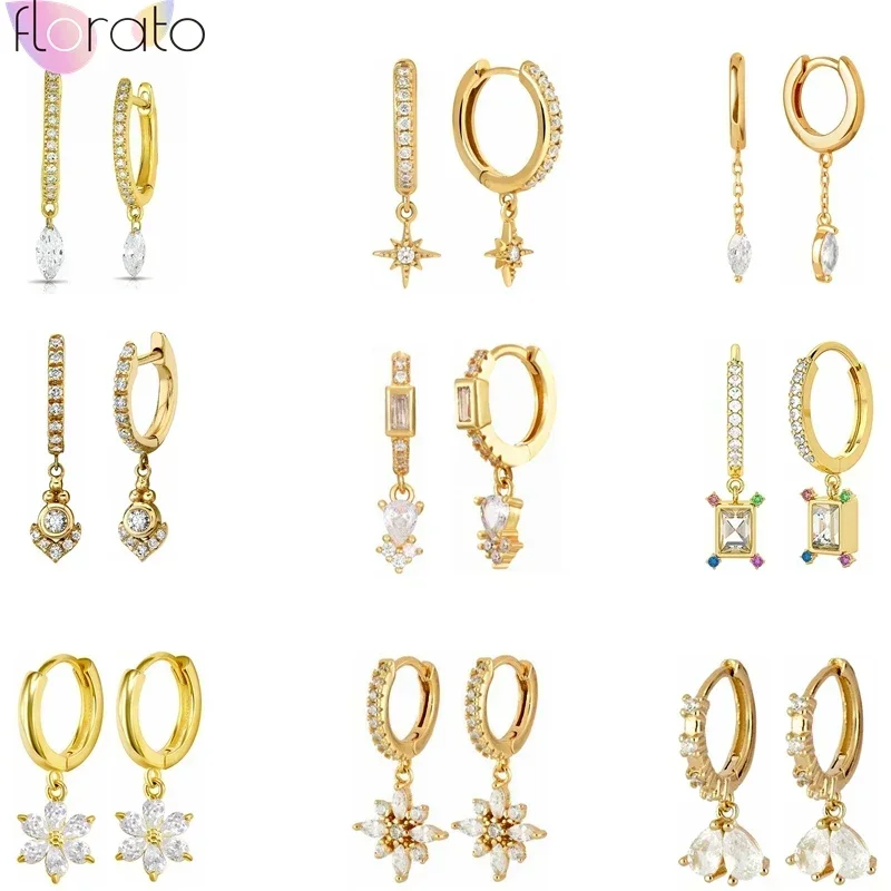 925 Sterling Silver Needle Star Water Drop Pendants Hoop Earrings For Women INS Charming Crystal Earrings Wedding Party Jewelry