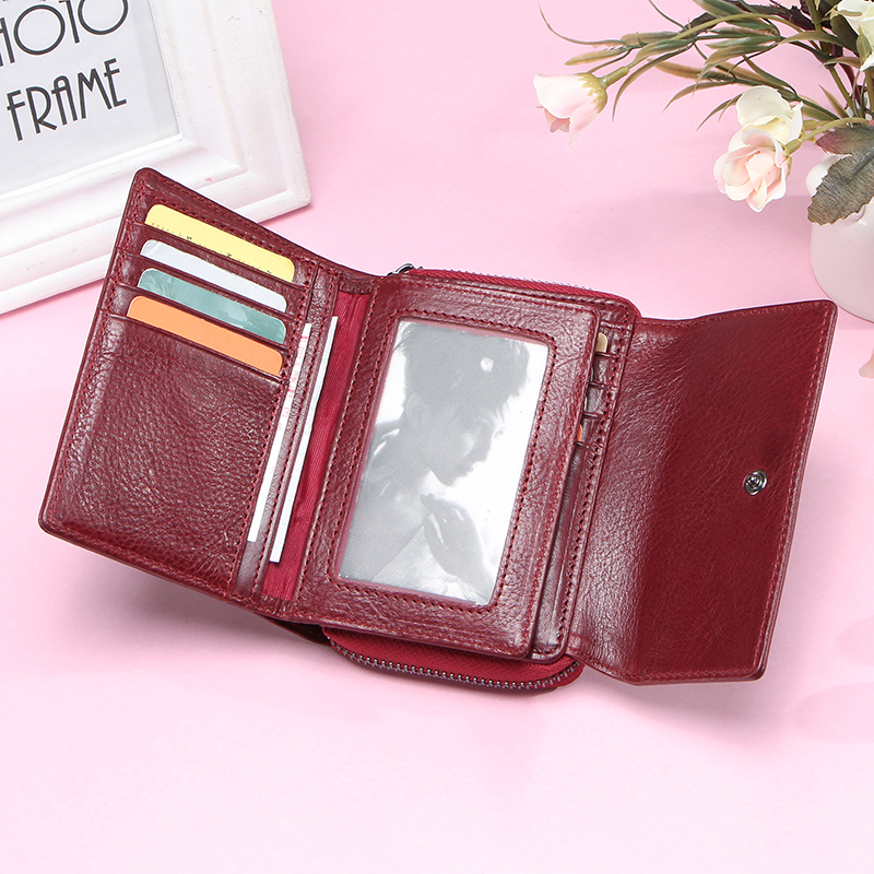 CONTACT'S Genuine Leather Wallet Women Short Coin Wallets for Women Female Card Holder Red Small Hasp Money Bag