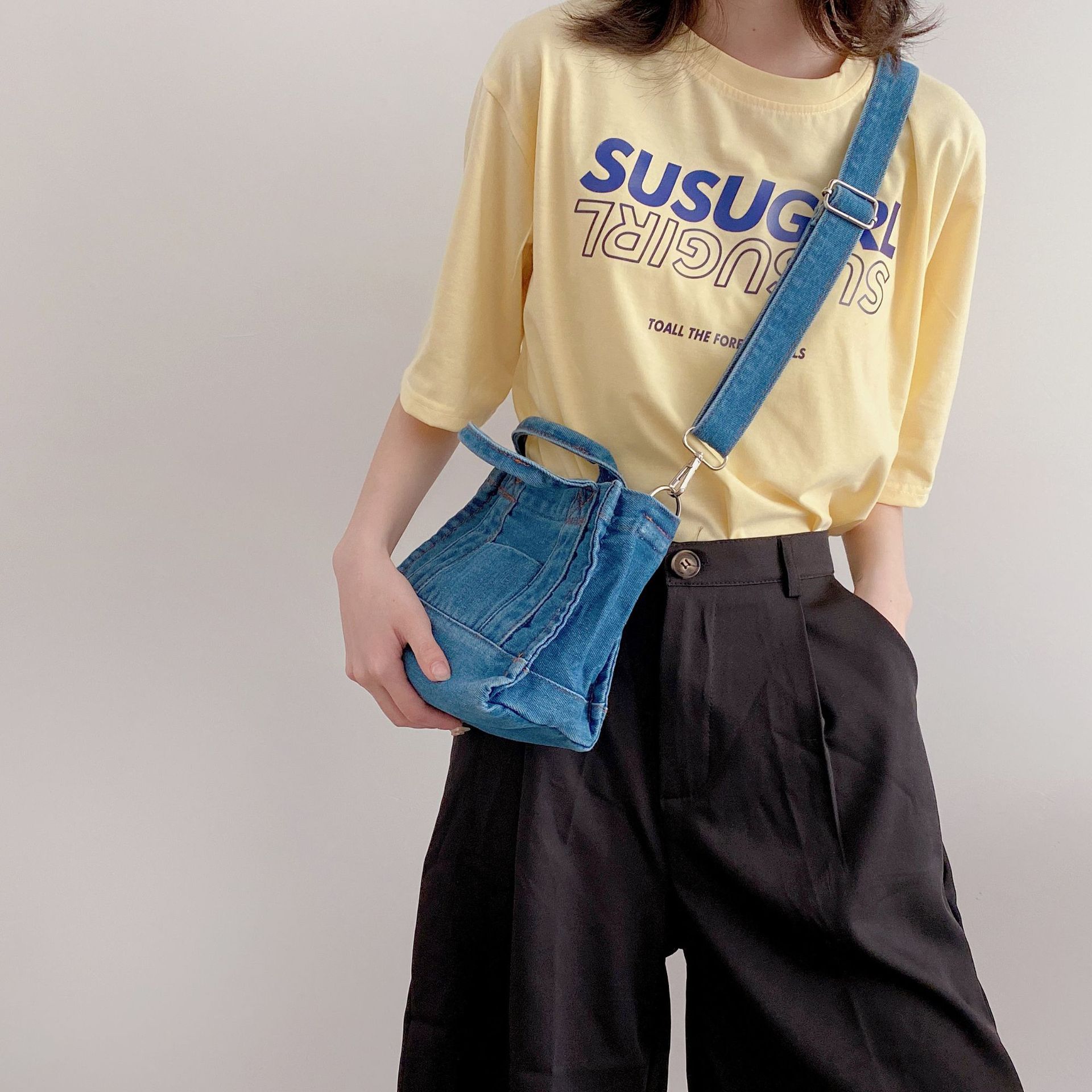 Denim Cloth Women Mini Shoulder Bag Girl Blue Canvas Fabric Handbag Small Casual Tote Detachable Strap Lady Little Zipper Purse
