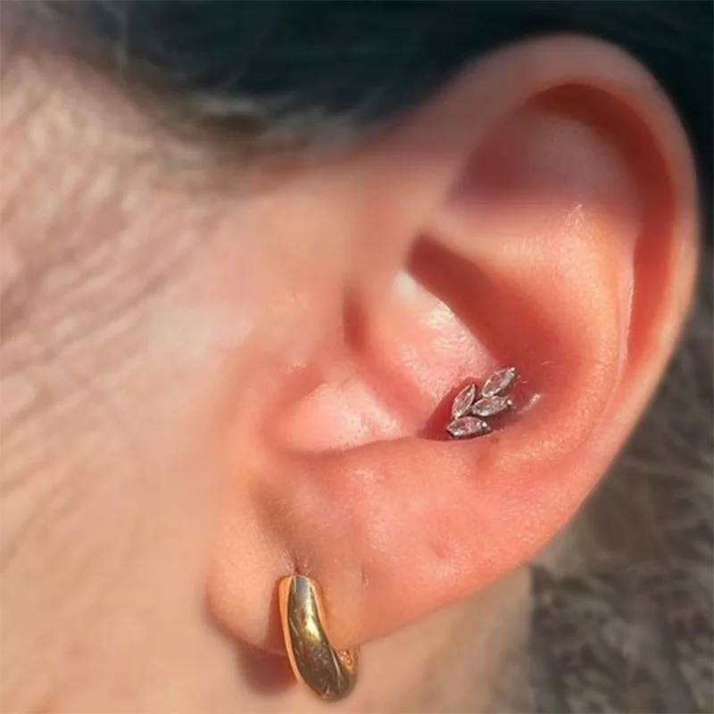 ASTM F136 Titanium EAR PIERC Leaf shape With CZ Top Cartilage Tragus Earrings ear Lip Helix Studs Tongue nail Piercing Jewelry