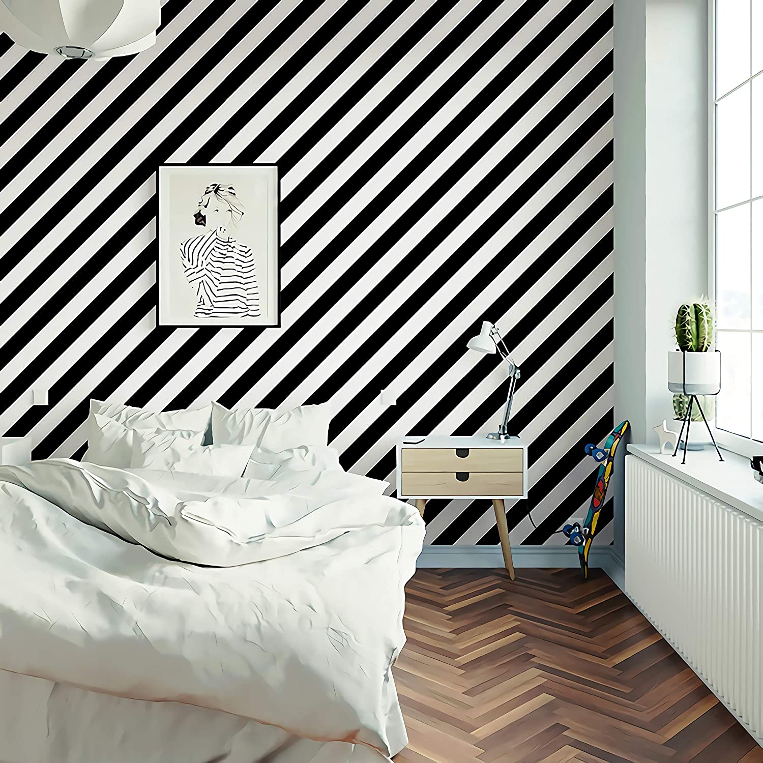 Stripe Black and White Peel and Stick Wallpaper Self-Adhesive Wallpaper Removable Contact Paper Waterproof Wall Covering Cabinet