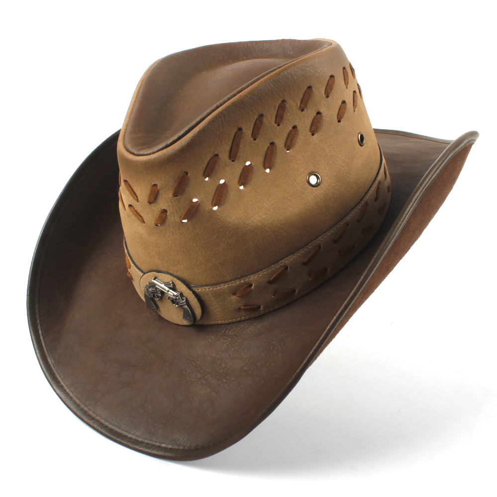 Men Women Leather Western Cowboy Hats Wide Brim Sunhat Summer Caps Sombrero Travel Sunbonnet Outdoor Beach Size US 7 1/4 UK L