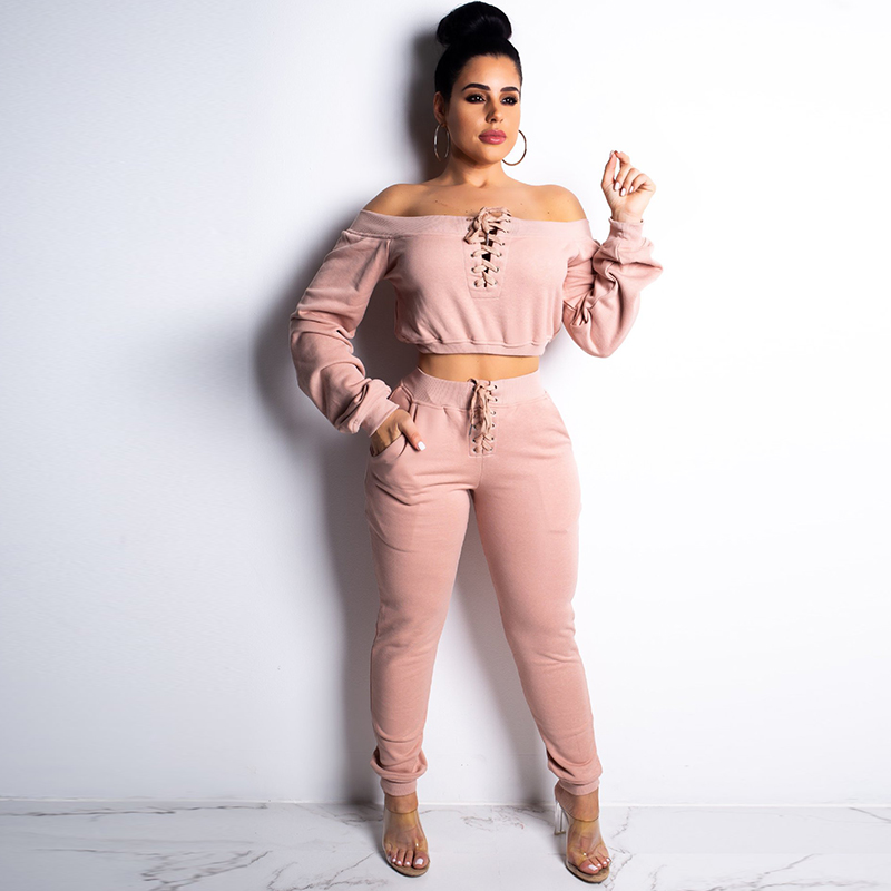 Sexy Club TWO PIECE SET Women Crop Top Cross Lace Up Long Sleeve Twin Suit Off Shoulder Sweatshirt Outfits Streetwear Tracksuit