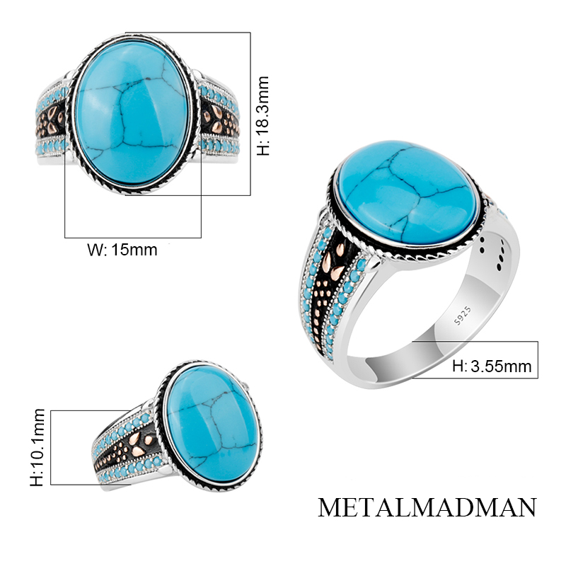 Men Ring with Turquoise Vintage 925 Sterling Silver Oval Sky Blue Stone Life Track Significance Male Women Ring Jewelry Gift