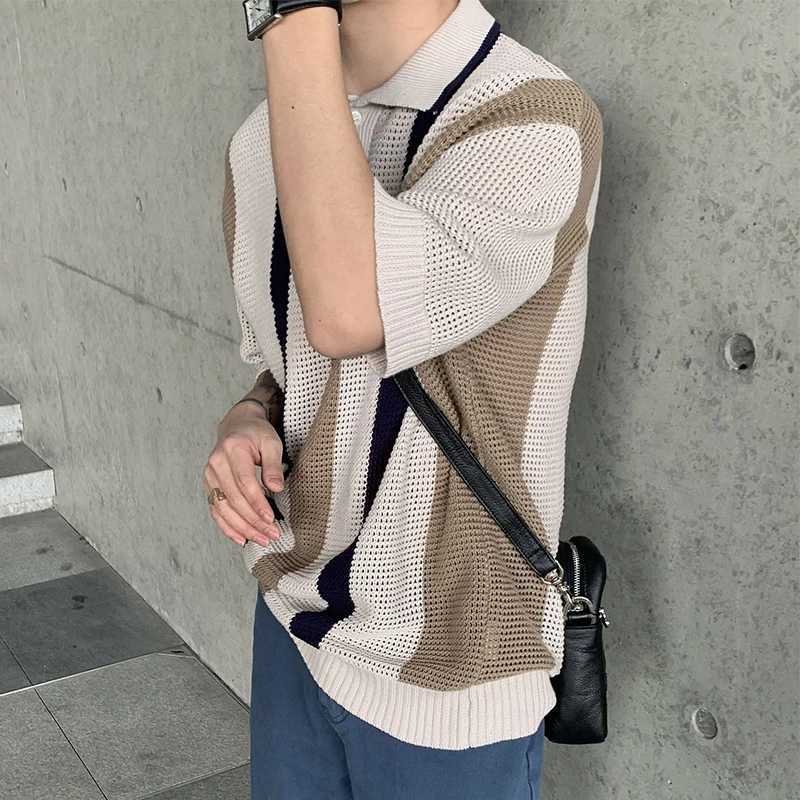 Men's Sweaters Y2K Mens Knit Polo Shirt Summer Short Slve Lapel Button Oversize Sweater Tops Fashion Striped Knitted Men Strtwear Jumpers Y240622