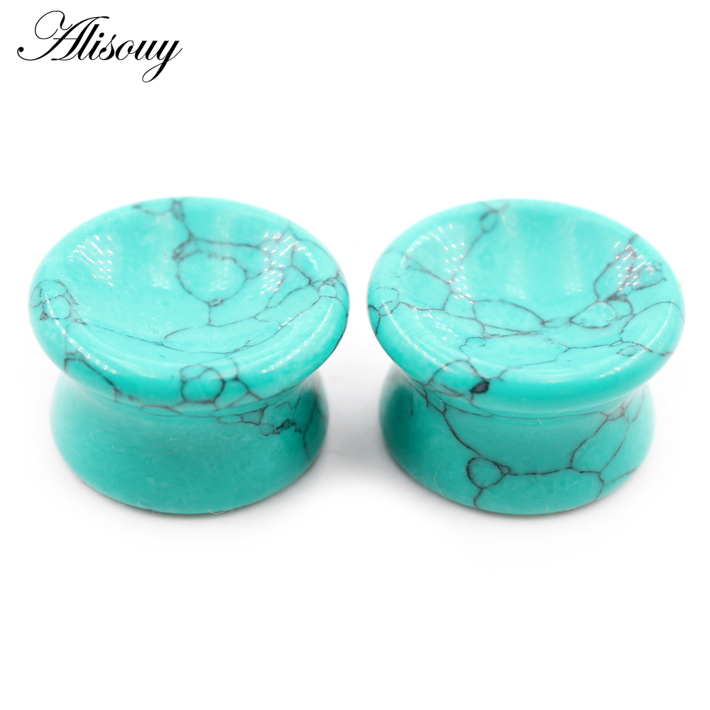 Alisouy 2pcs Women Men Concave Natural Stones Ear Tunnels Plug Flesh Expander Stretcher Gauges Earrings Body Piercing Jewelry
