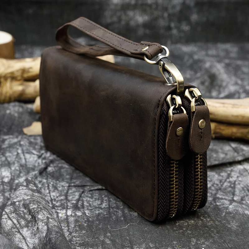 Free Shipping Double Zipper Women Long Vintage Male Clutch Purse Man Phone Card Coin 100% Genuine Leather Men Wallet Designer Bag Luxury Bag Tote Bag