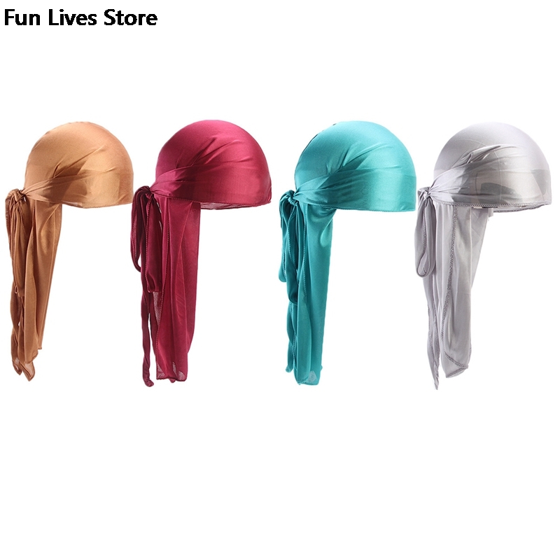 Muslim Turban Doo Rag Pirate Hat Long Tail Silk Scarf Durag Chemo Caps Skull Hat Headwear Women Men Bandana Headscarf Summer
