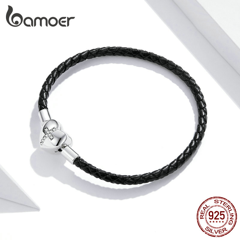 bamoer Silver Black Cross Bracelet 925 Sterling Silver Basic Leather Chain Bracelets for Women Engagement Jewelry Gift SCB205
