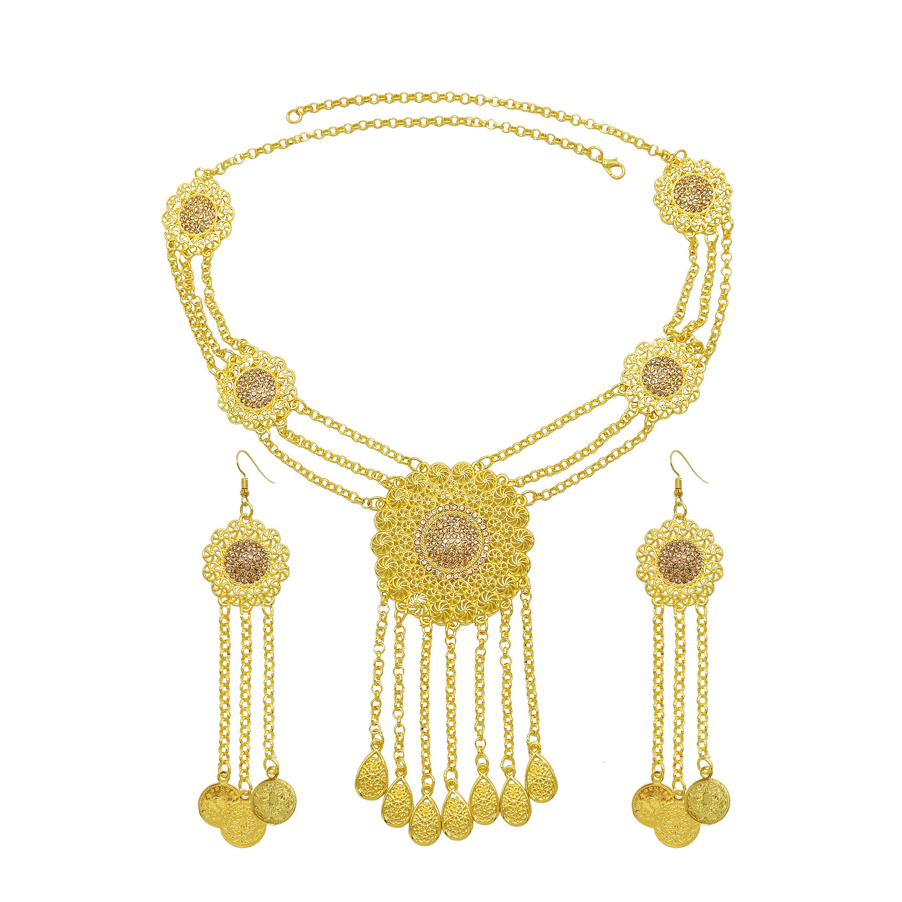 Gold Plated Hollow Flower Long Chain Water Drop Tassel Necklace Earring Jewelry Set Bohemian Ethnic Sunflower Shape Jewelry