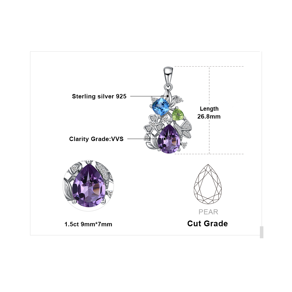 JewelryPalace Natural Amethyst Blue Topaz Peridot Chrome Diopside Flower Pendant Necklace 925 Sterling Silver Women No Chain