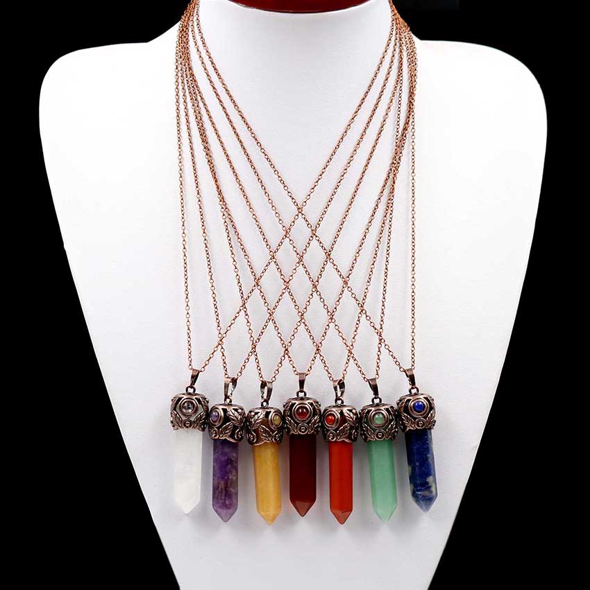 Natural Chakra Stone Pendant Hexagonal Prism Rose Quartz Amethyst Crystal Agate Healing Pendulum Stone Pendant Chain Necklace