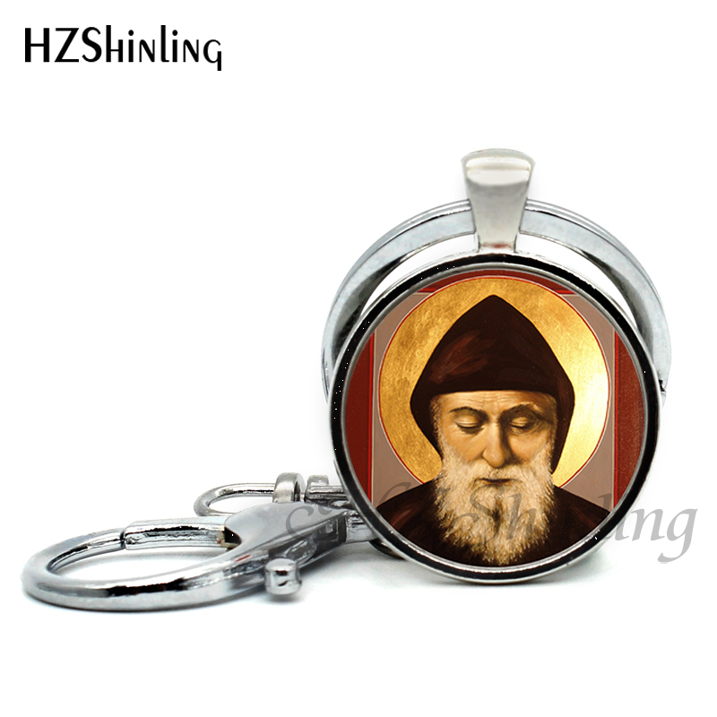 2017 New Design Saint Charbel Keychains Art Picture Glass Dome Jewelry St Charbel Pray Pendant Keyring for Christmas gift