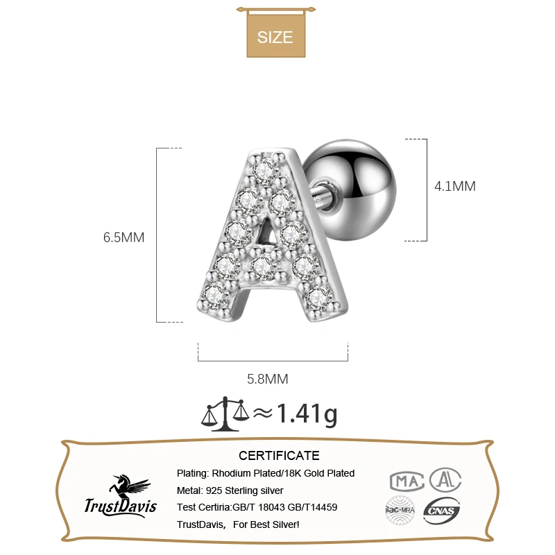 TrustDavis Real 925 Sterling Silver 26 Letter CZ Screw Beads Stud Earrings for Women Children Baby Minimalist Jewelry DB1430