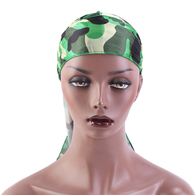 Unisex Long Tail Imitated Silky Scarf Muslim Doo Rag Pirate Hat Durag Camouflage Chemo Caps Skull Hat Turban Hair Band Bandanas
