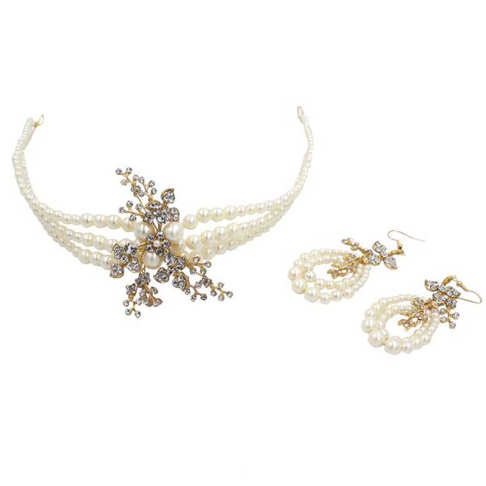 Gold Rhinestone Leaf Pearls Wedding Headband Tiara with Earrings Crystal Headpiece Bridal Hair Accessories for Bride Women