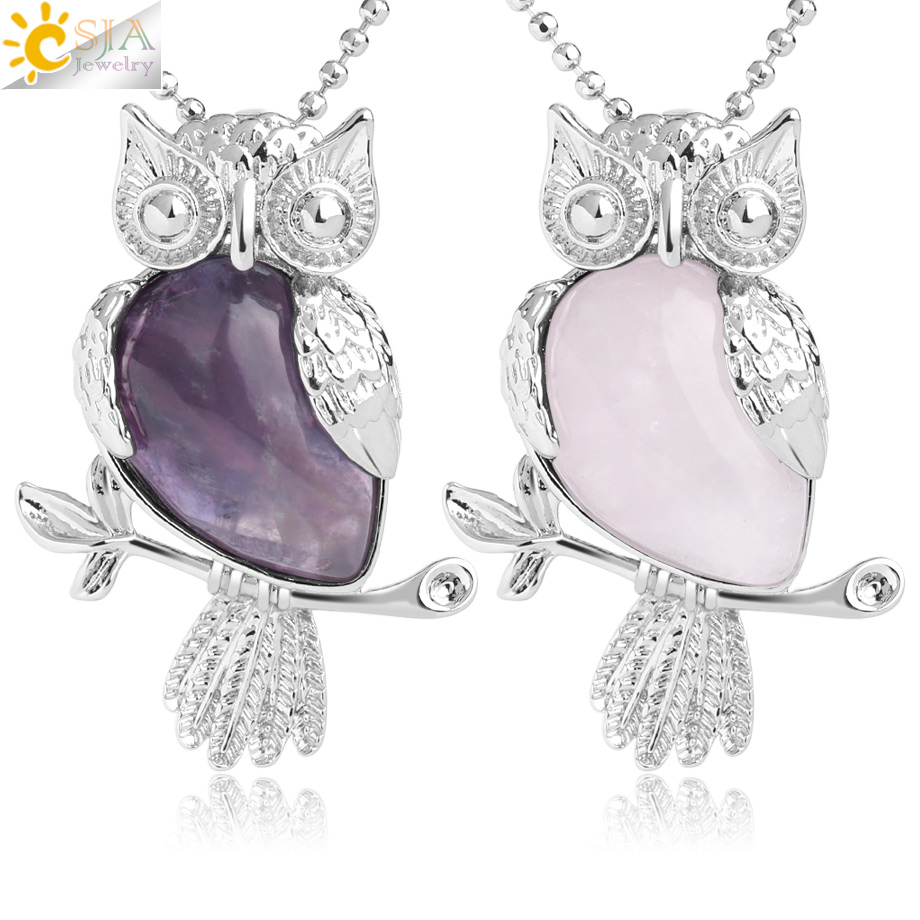 CSJA Water Drop Natural Stone Necklace & Pendants Owl Shape Pink Quartz Sodalite Crystal Trendy Charm Jewelry for Women Men G077