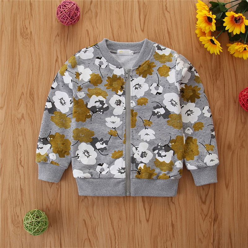 Kids Girls Fall Winter Jacket Long Sleeve Flower Print Zipper Closure Casual Outwear Clothes for Daily Wear