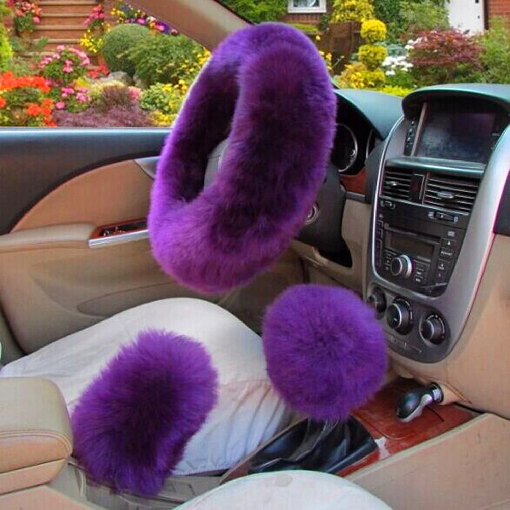 3pcs 38cm Soft Winter Long Plush Warm Car Steering Wheel Cover Furry Handle Sleeves Woolen Handbrake Auto Accessories Black