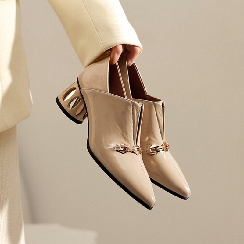 NEW Spring/Autumn Pumps Split Leather For Pointed Toe Round Women Slip-On High Heel Chain Shoes