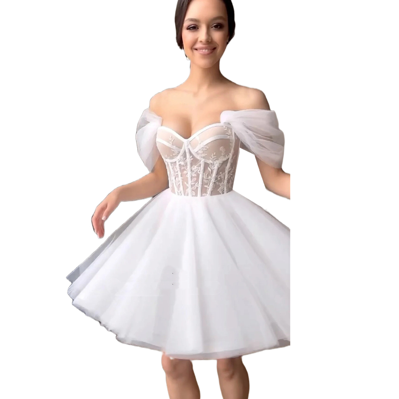 Mini Short A-Line Wedding Dresses Off The Shoulder Sweetheart Neck Corset Tulle Bridal Gown Lace Appliques Boho Beach Garden Vestido De Novia