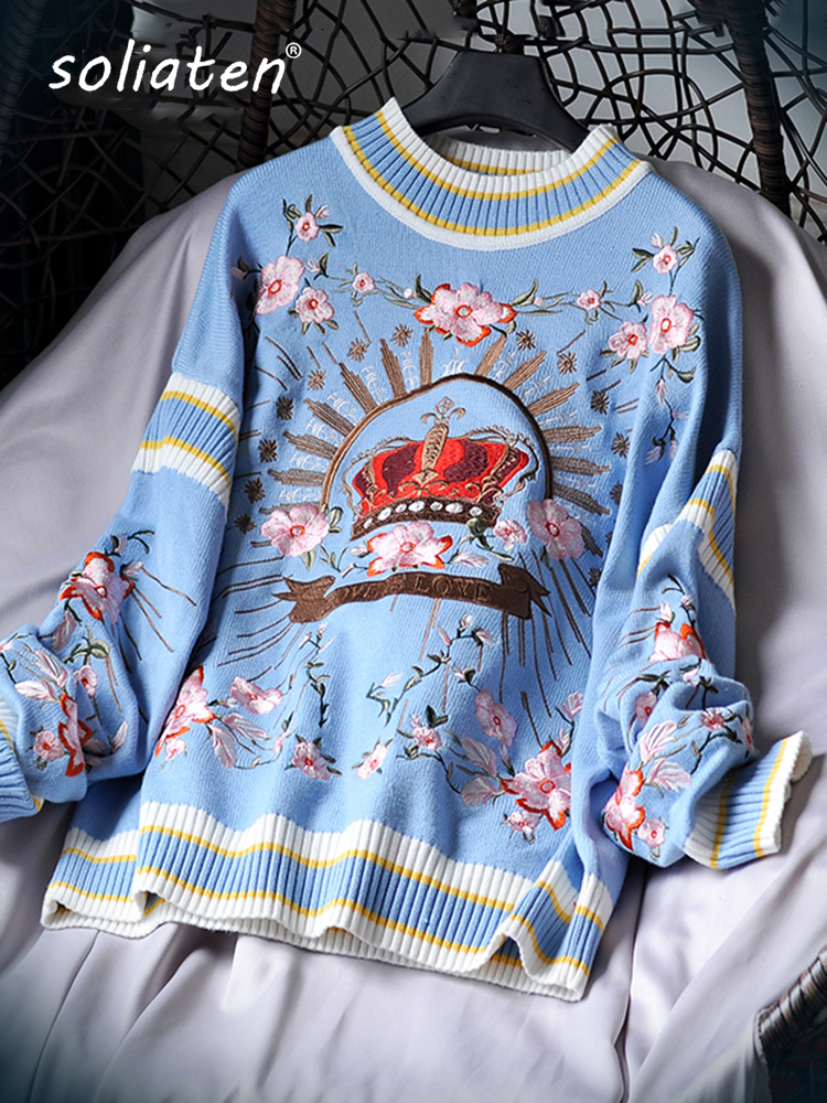 Runway Luxury Winter Knitting Pullovers Women's High Quality Floral Crown Embroidery Casual Loose Blue Sweater C-127