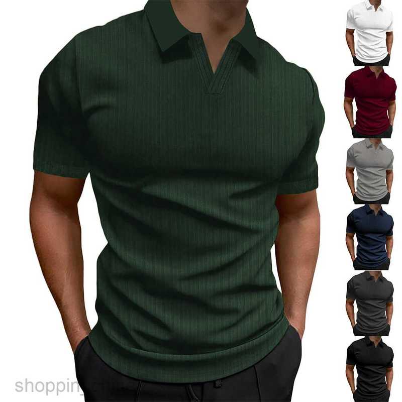 Men Polos Shirts Summer new polo shirt lapel V-neck vertical stripe short sleeve men's T-shirt tops
