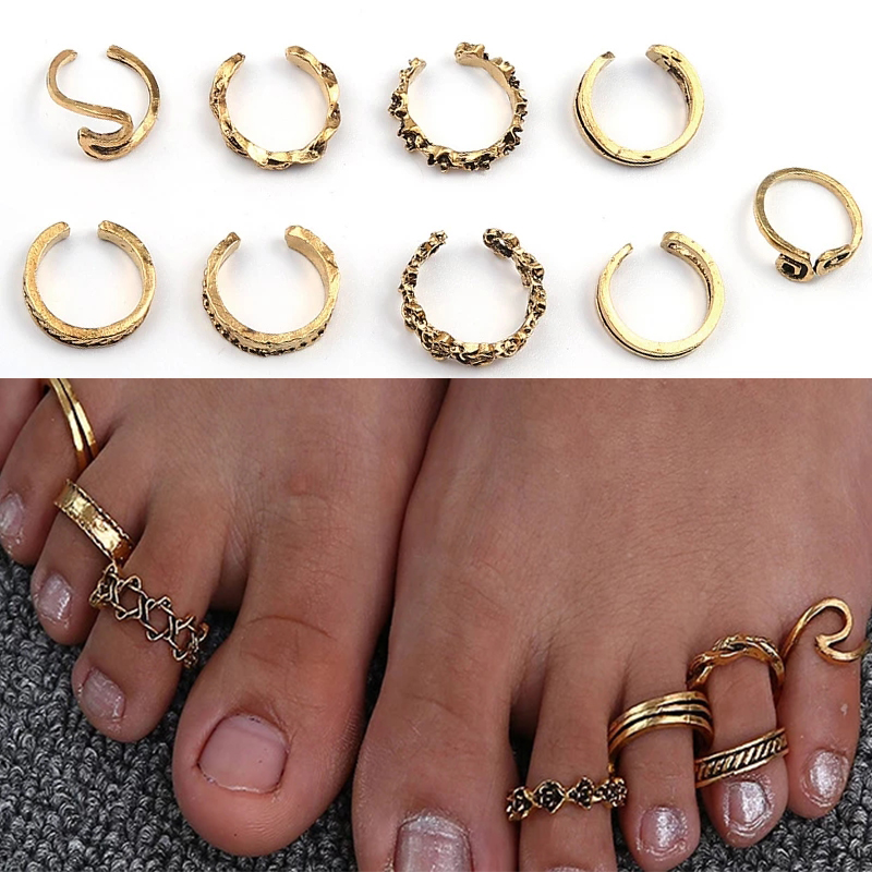 9Pcs Beach Foot Ring Open Adjustable Toe Rings Wave Pattern Alloy Ring Adjustable Rings Set For Women Foot Jewelry 9-piece Set