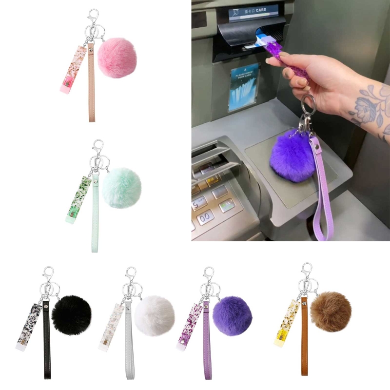 Credit Card Puller with Plush Pompom Wristlet Keychain Bank Card Grabber ATM Keychain Card Clip For Long Nails Ornament