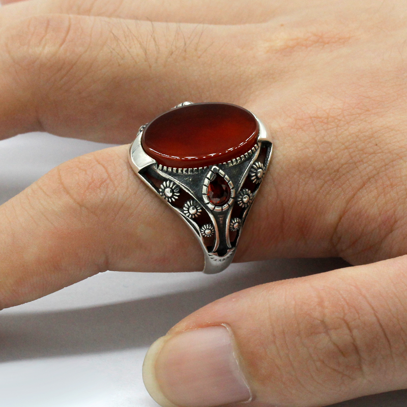 Natural Agate Stone Ring for Men 925 Sterling Silver With Red CZ Thai Silver Unique Design Ring for Male Women Turkish Jewelry