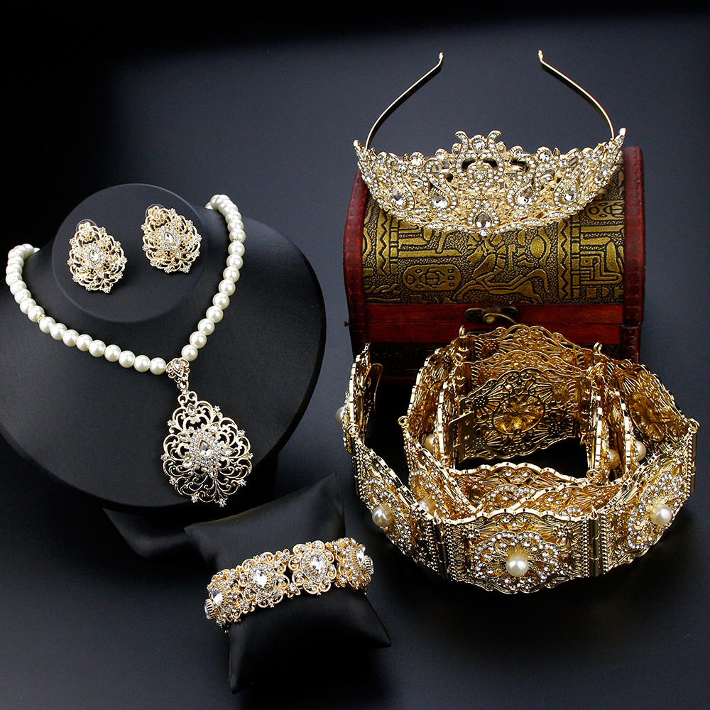 Sunspicems Gold Color Algeria Morocco Pearl Wedding Jewelry Crystal Belt Crown Earring Necklace Bangle Sets 5pcs Bridal Bijoux