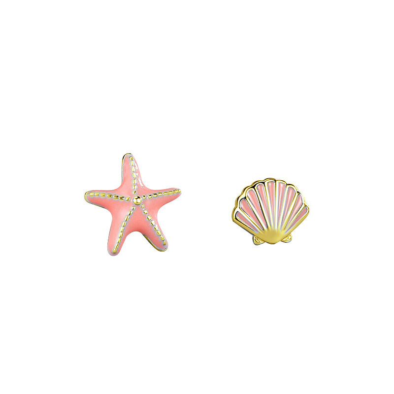 QMCOCO Minimalistic Silver Color Blue And Pink Shell Starfish Stud Earrings For Women Delicate Exquisite Asymmetric Earrings