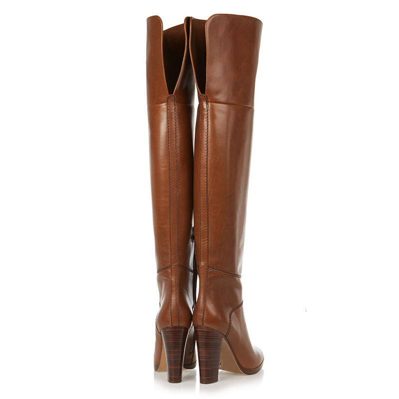 Brown Leather Chunky Heel Women Long Brand Design Large Size Over The Knee Boots Celebrity Banquet Shoes Dropship 68