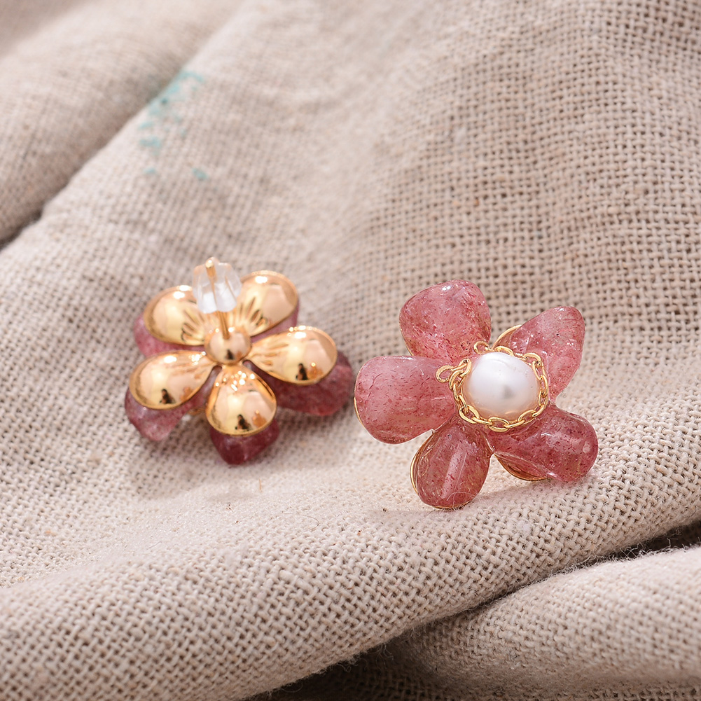 Original Handmade 14K Gold Filled Natural Freshwater Pearl Strawberry Quartz Sweet Rose Flower Ladies Stud Earrings Jewelry Gift