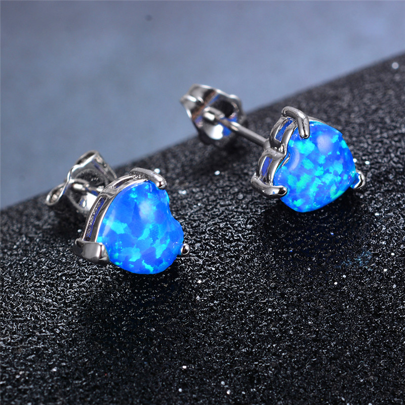 Cute Female White Blue Green Opal Stud Earrings Silver Color Heart Wedding Boho Small Double For Women
