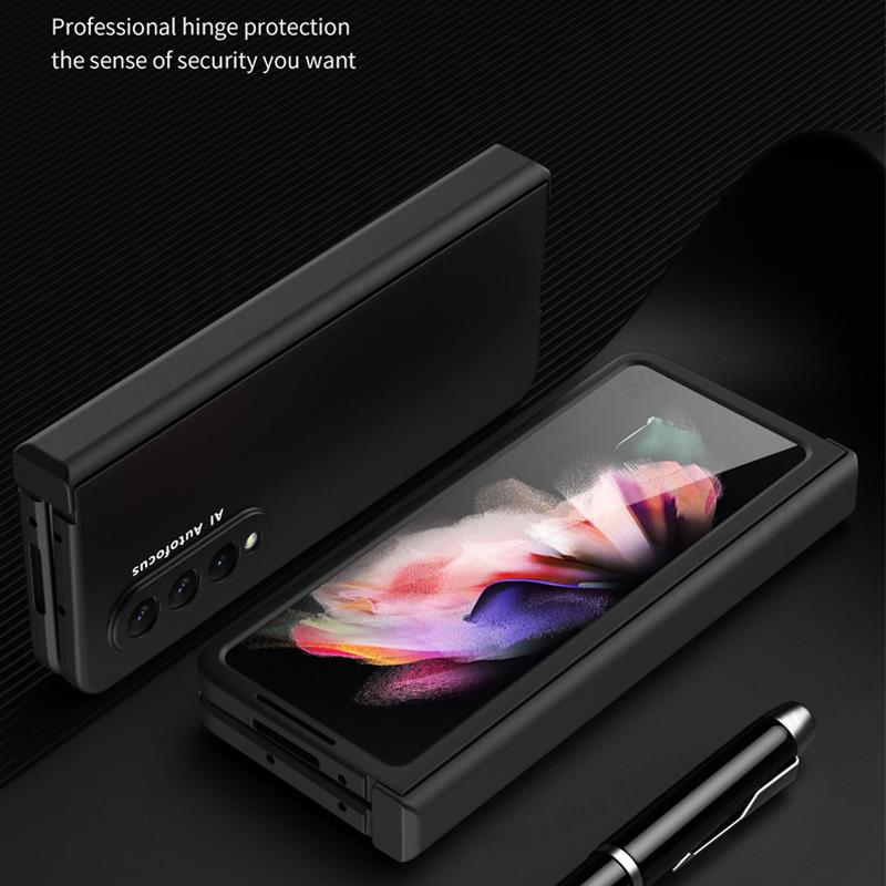 For Samsung Z Fold 3 5G Hinged Coverage Full Body Flip Phone Case for Galaxy Z Fold3 W22 5G Heavy Armor Front Screen Glass Film