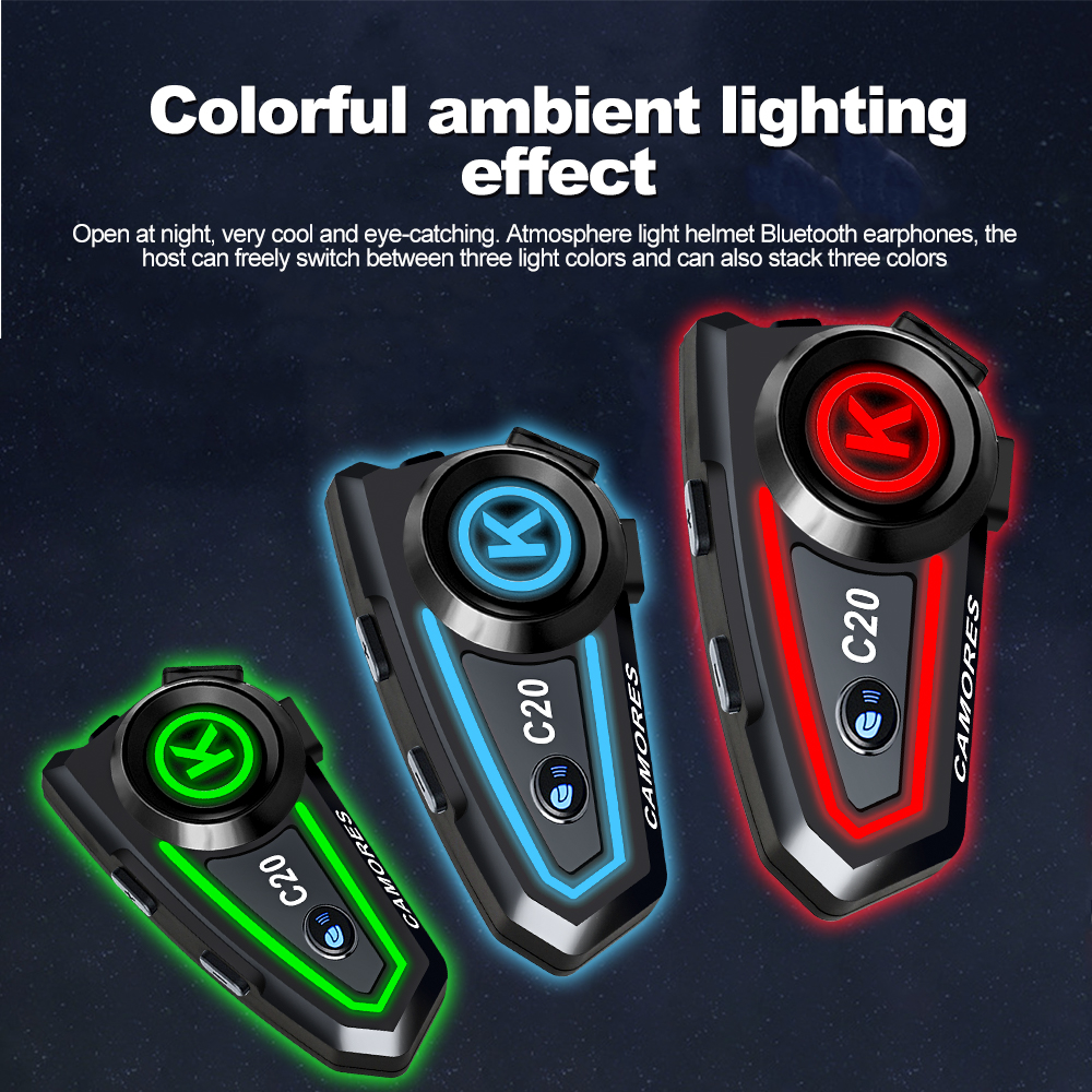 C20 Motorcycle Helmet Headset Stereo Bluetooth Hands Free Call IPX6 Waterproof 1200mAh With Tri-Color Ambient Light