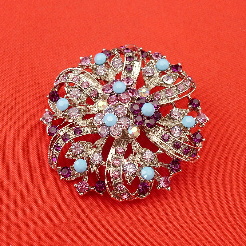 New Round Vintage Rhodium Plated Coloured Purple Rhinestone Crystal Wedding Elegant Flower Bouquet Pin Brooch, Item No.: BH7515