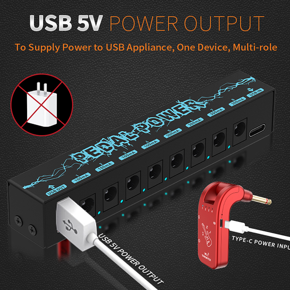 Guitar Pedals Power Supply 5V/2.1A 8 DC Output Portable Durable Pedalboard Power Supply with USB Port Guitars Power Supply