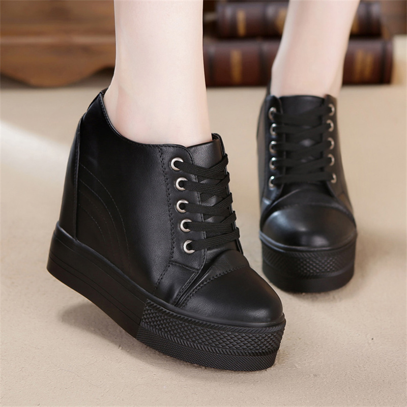 11cm PU Leather Platform Wedge Chunky Sneaker Hidden Heels Casual Pumps Breathable New Spring Autumn High Brand Vulcanize Shoes