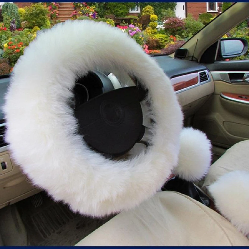 3pcs 38cm Soft Winter Long Plush Warm Car Steering Wheel Cover Furry Handle Sleeves Woolen Handbrake Auto Accessories Black