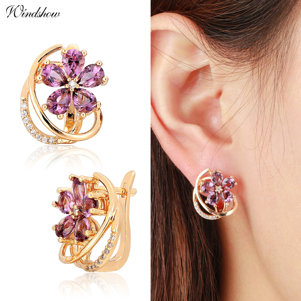 Five Petal Purple Flower Yellow Gold Color Huggies Hoop Earrings for Women Jewelry bijoux Aros pendientes oorbellen orecchini
