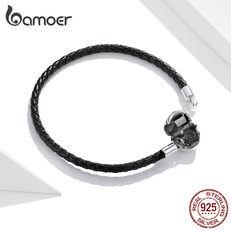bamoer Silver Black Cross Bracelet 925 Sterling Silver Basic Leather Chain Bracelets for Women Engagement Jewelry Gift SCB205