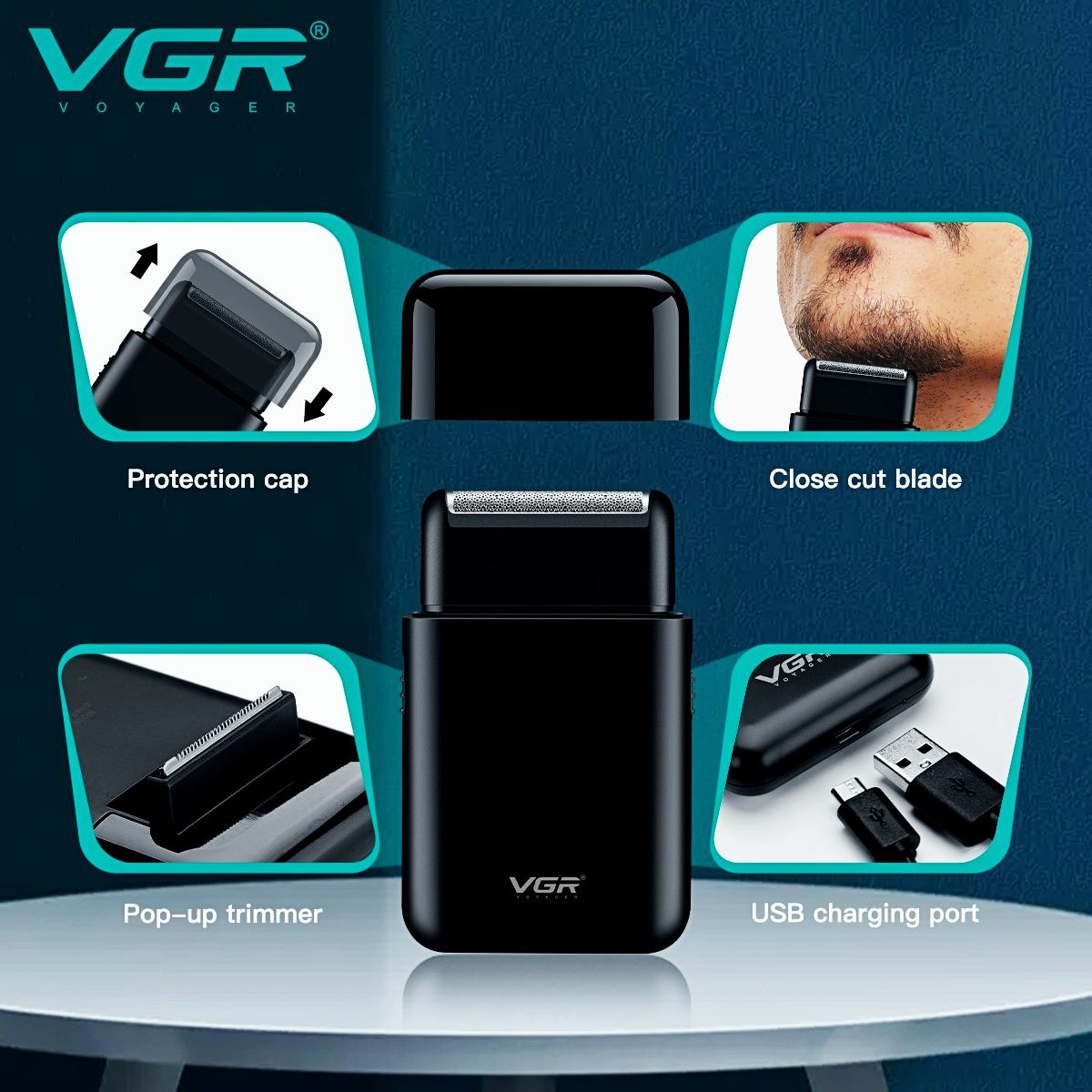 VGR Electric Professional Beard Trimmer Razor Portable Mini Shaver Reciprocating Shaving 2 Blade USB Charge for Men V-390 F624-25
