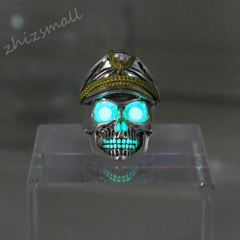 New glow ring Officer skull Ring men women Glowing Ring Luminous World War II Germany rings punk gift Glow In The Dark Jewelry