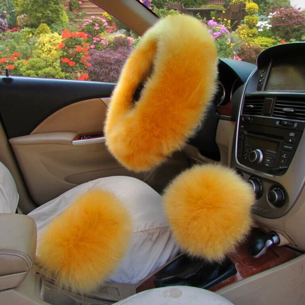 3pcs 38cm Soft Winter Long Plush Warm Car Steering Wheel Cover Furry Handle Sleeves Woolen Handbrake Auto Accessories Black