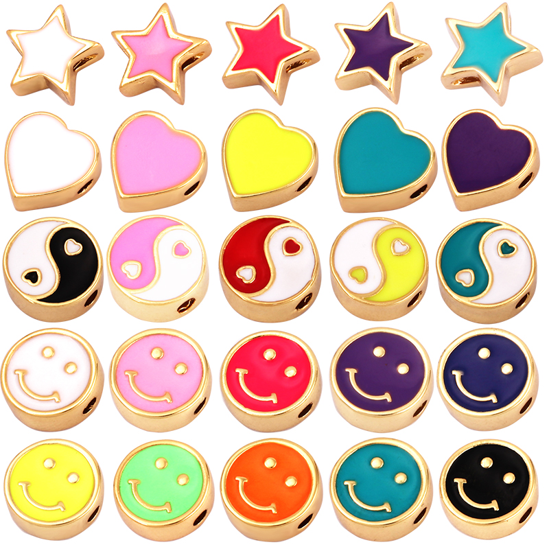 Enamel Happy Face Heart Star Bead,10mm Gold Brass Colourful DIY Bracelet Components Accessories Wholesale Supplies M88